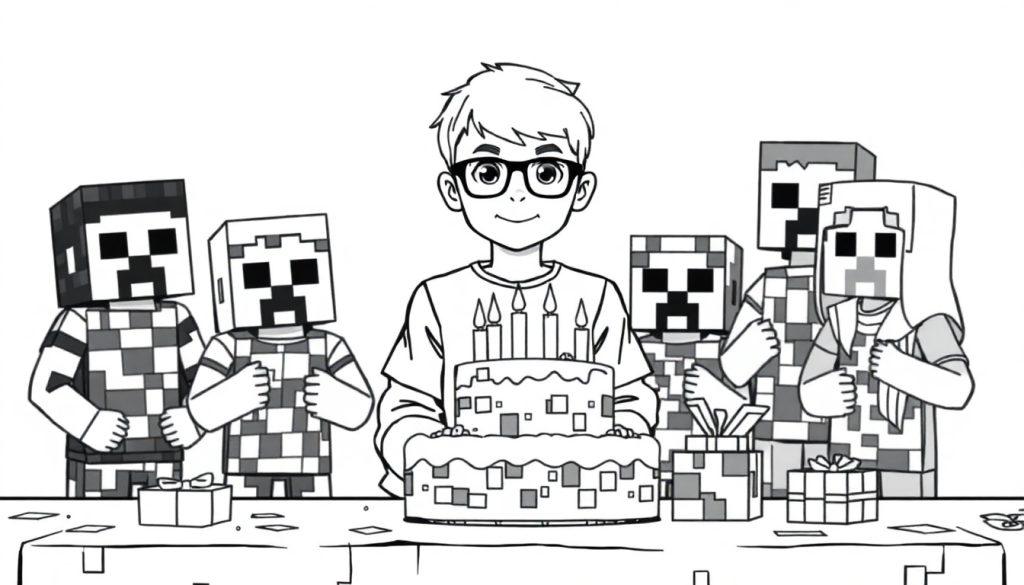 Minecraft kleurplaat van een jarige jongen met Creepers.