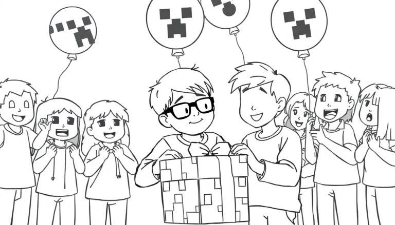 Minecraft kleurplaat van een verjaardagsfeestje met een jongen met een bril.