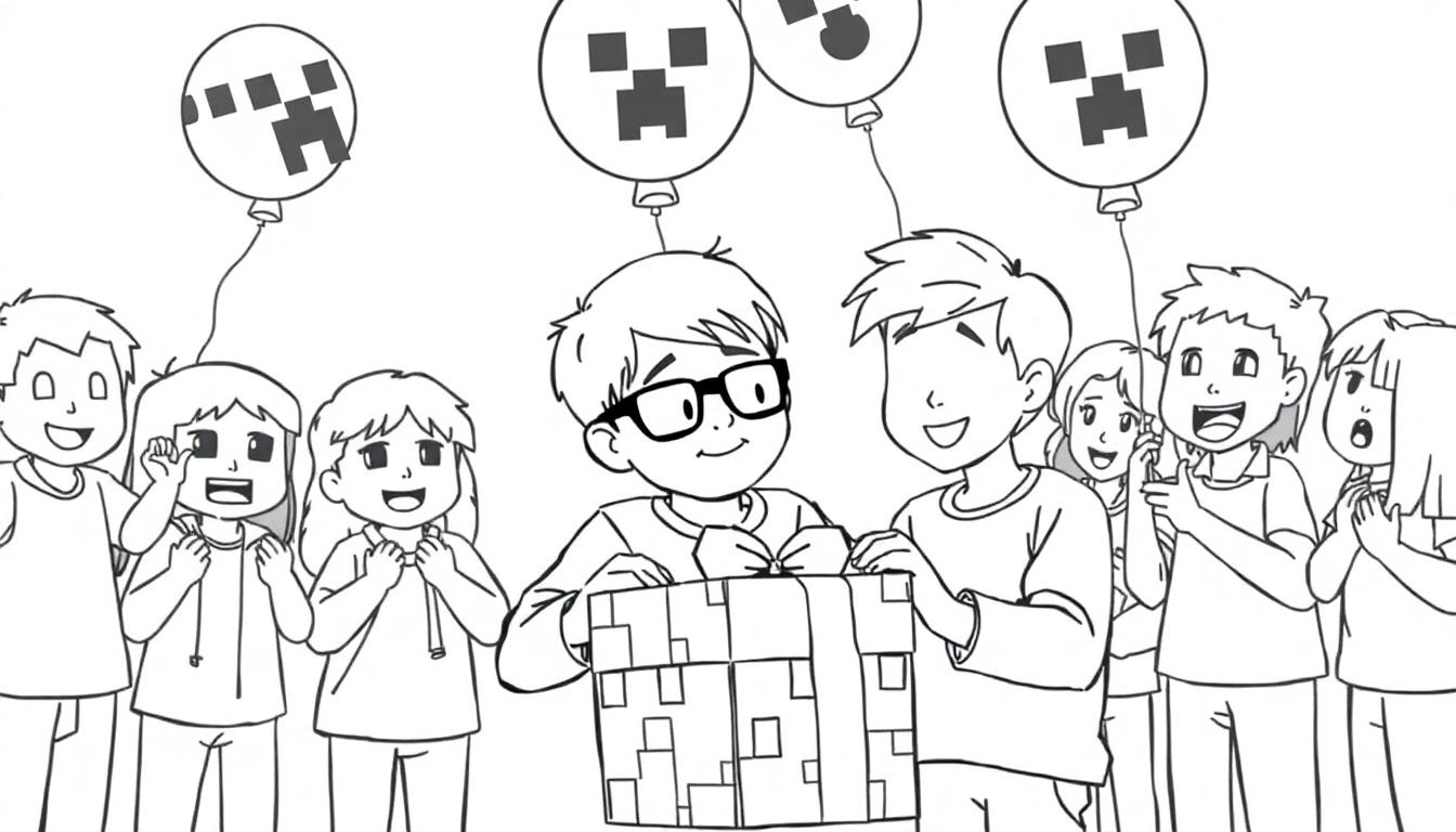 Minecraft kleurplaat van een verjaardagsfeestje met een jongen met een bril.