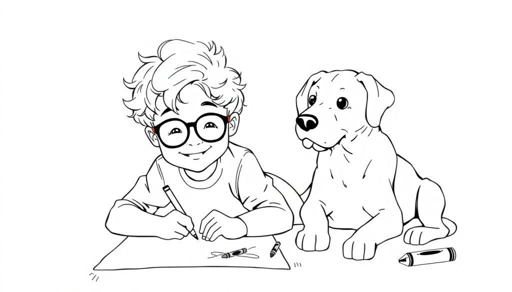 Kleurplaat van een jongen met een labrador die samen tekenen.