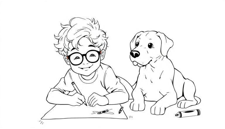 Kleurplaat van een jongen met een labrador die samen tekenen.