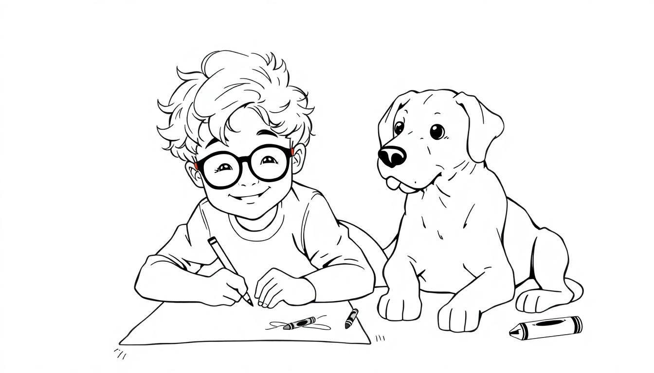 Kleurplaat van een jongen met een labrador die samen tekenen.