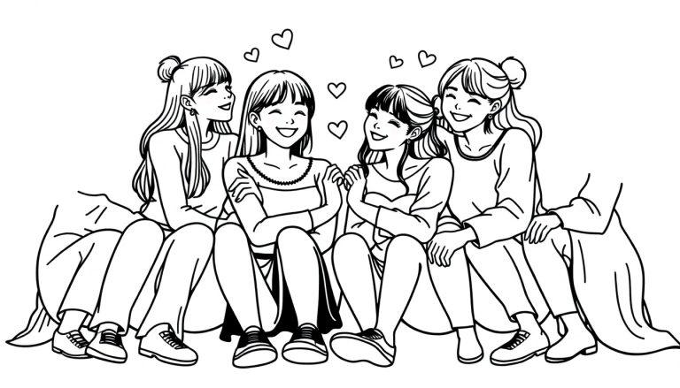 Blackpink kleurplaat met vrolijke vriendinnen en hartjes.