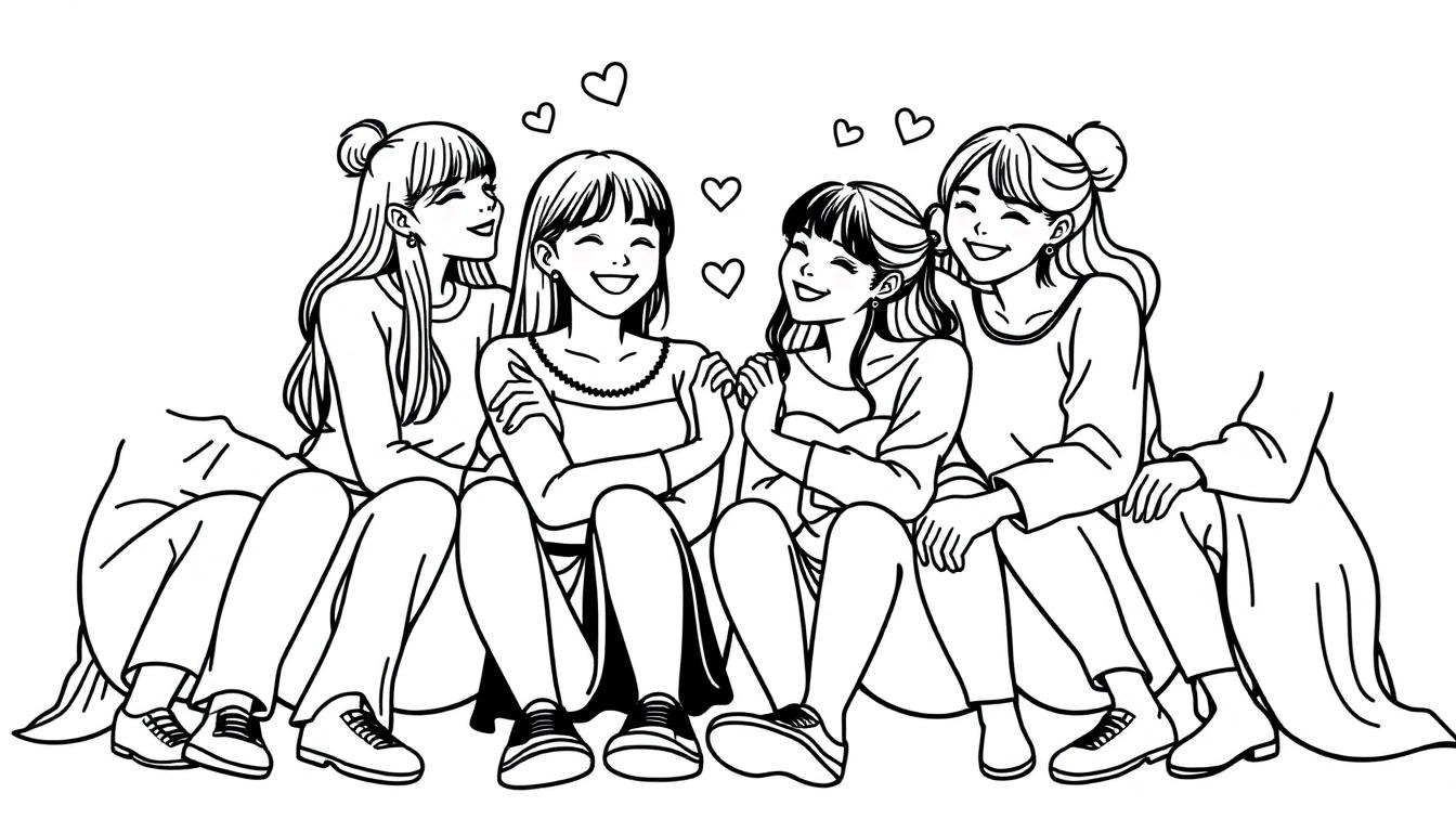 Blackpink kleurplaat met vrolijke vriendinnen en hartjes.