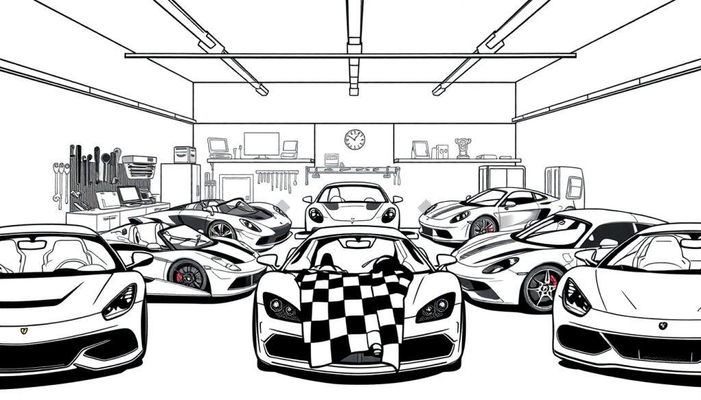 Kleurplaat van een garage vol super snelle raceauto's!
