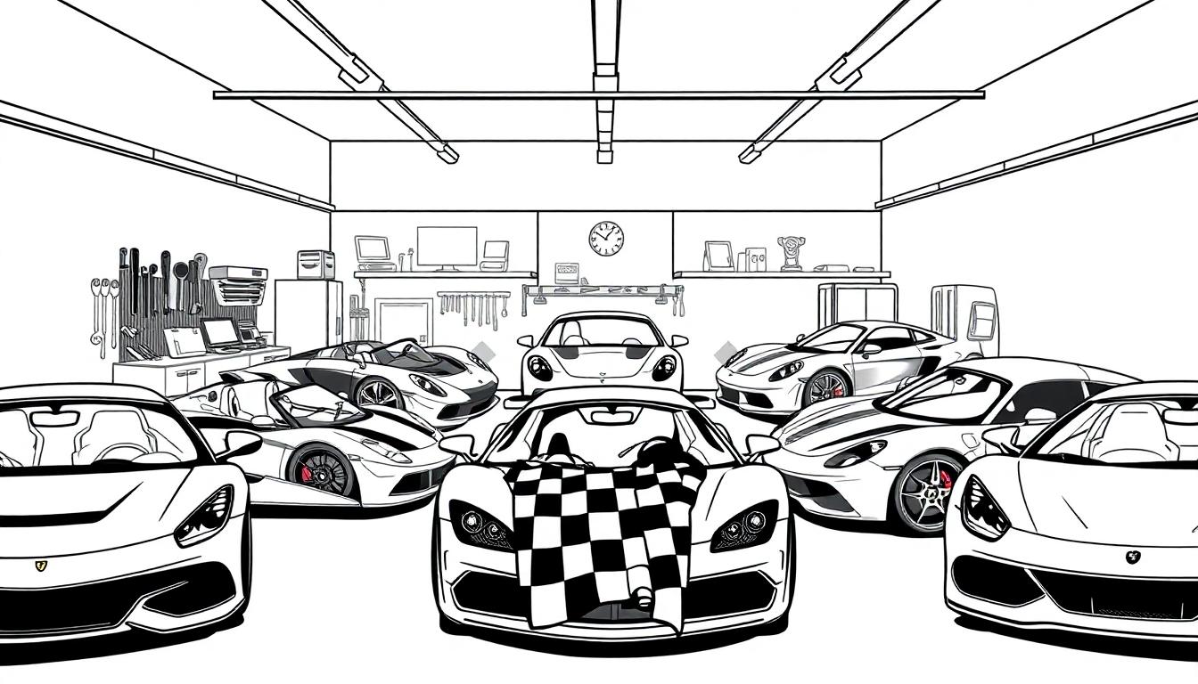 Kleurplaat van een garage vol super snelle raceauto's!