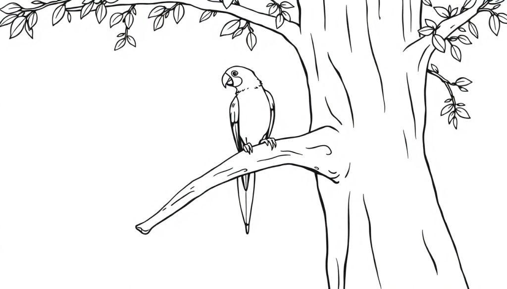 Kleurplaat van een papegaai op een tak.