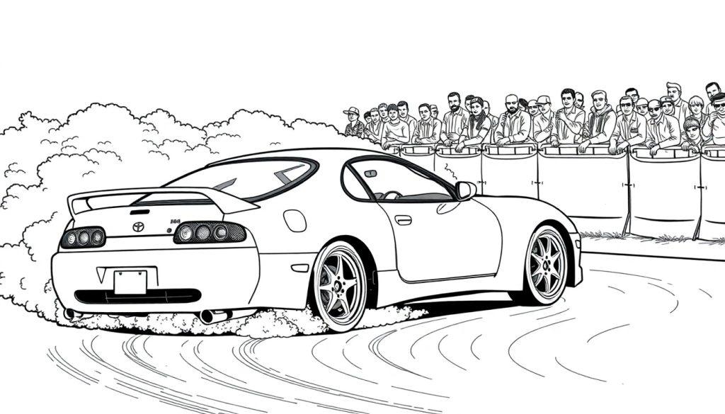 Kleurplaat van een driftende Toyota Supra!