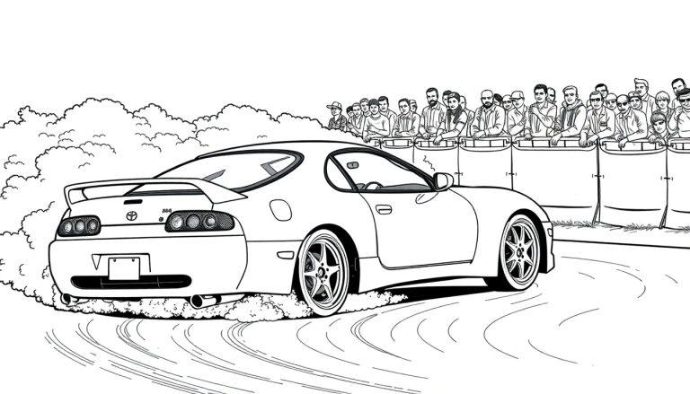 Kleurplaat van een driftende Toyota Supra!