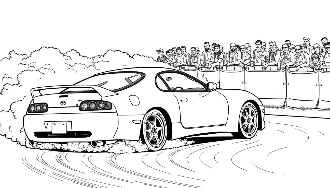 Kleurplaat van een driftende Toyota Supra!