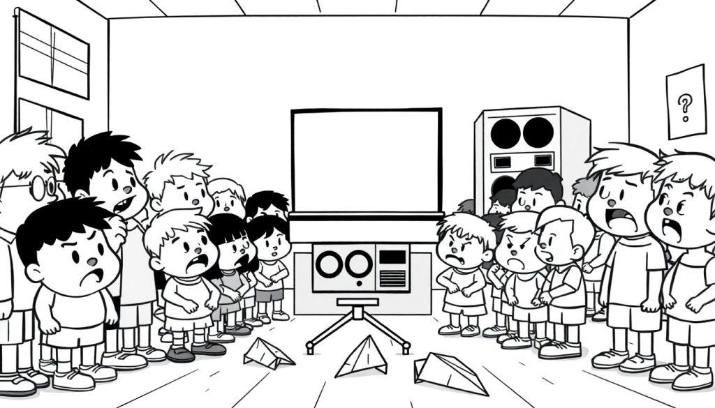 Boze kinderen kijken naar een leeg scherm, kleurplaat