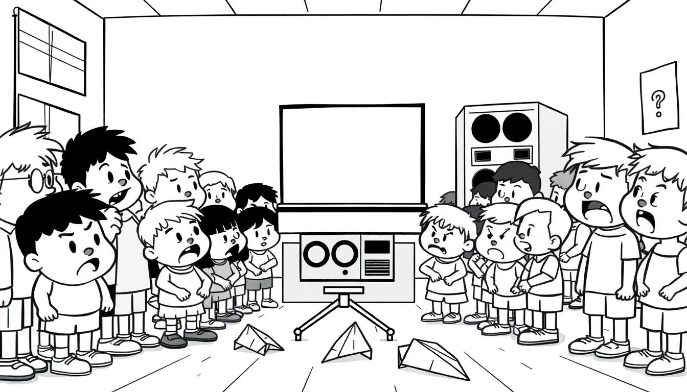 Boze kinderen kijken naar een leeg scherm, kleurplaat