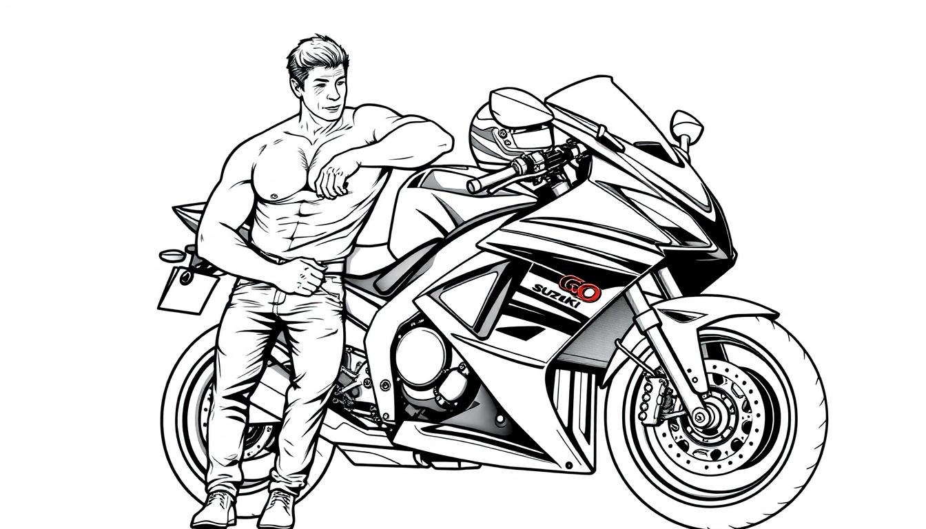 Stoere man en Suzuki kleurplaat