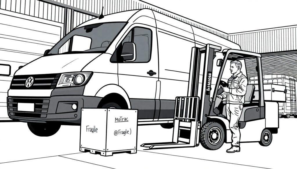 Kleurplaat van een Volkswagen Crafter, Motrac vorkheftruck en een monteur in een magazijn.