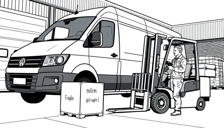 Kleurplaat van een Volkswagen Crafter, Motrac vorkheftruck en een monteur in een magazijn.