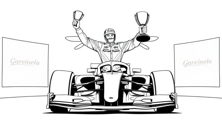 Kleurplaat van Max Verstappen met auto en vleugels, klaar om ingekleurd te worden!