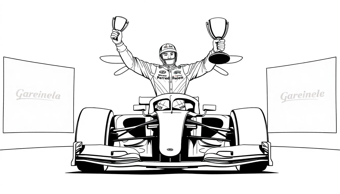 Kleurplaat van Max Verstappen met auto en vleugels, klaar om ingekleurd te worden!