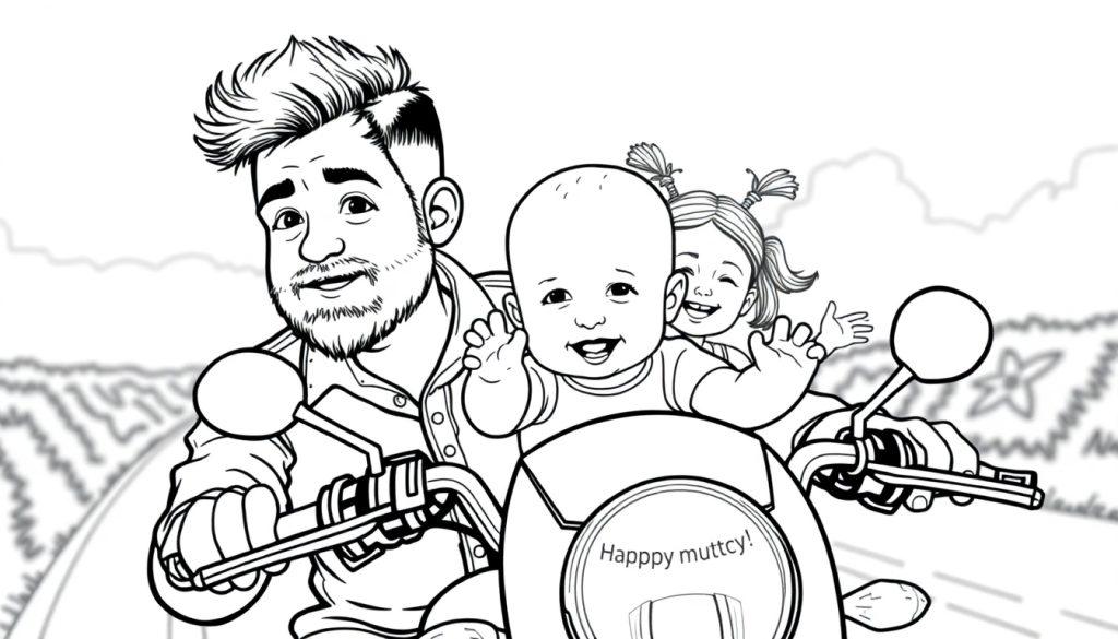 Kleurplaat: Vrolijke familie op motorfiets met 'Happy muttcy!' sticker