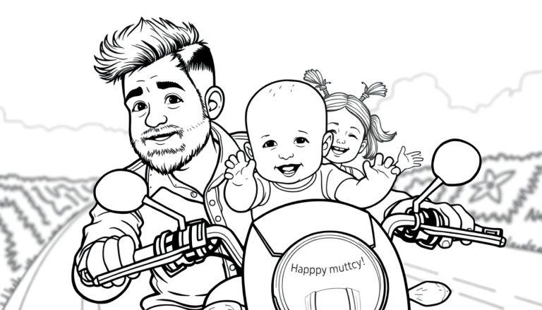 Kleurplaat: Vrolijke familie op motorfiets met 'Happy muttcy!' sticker