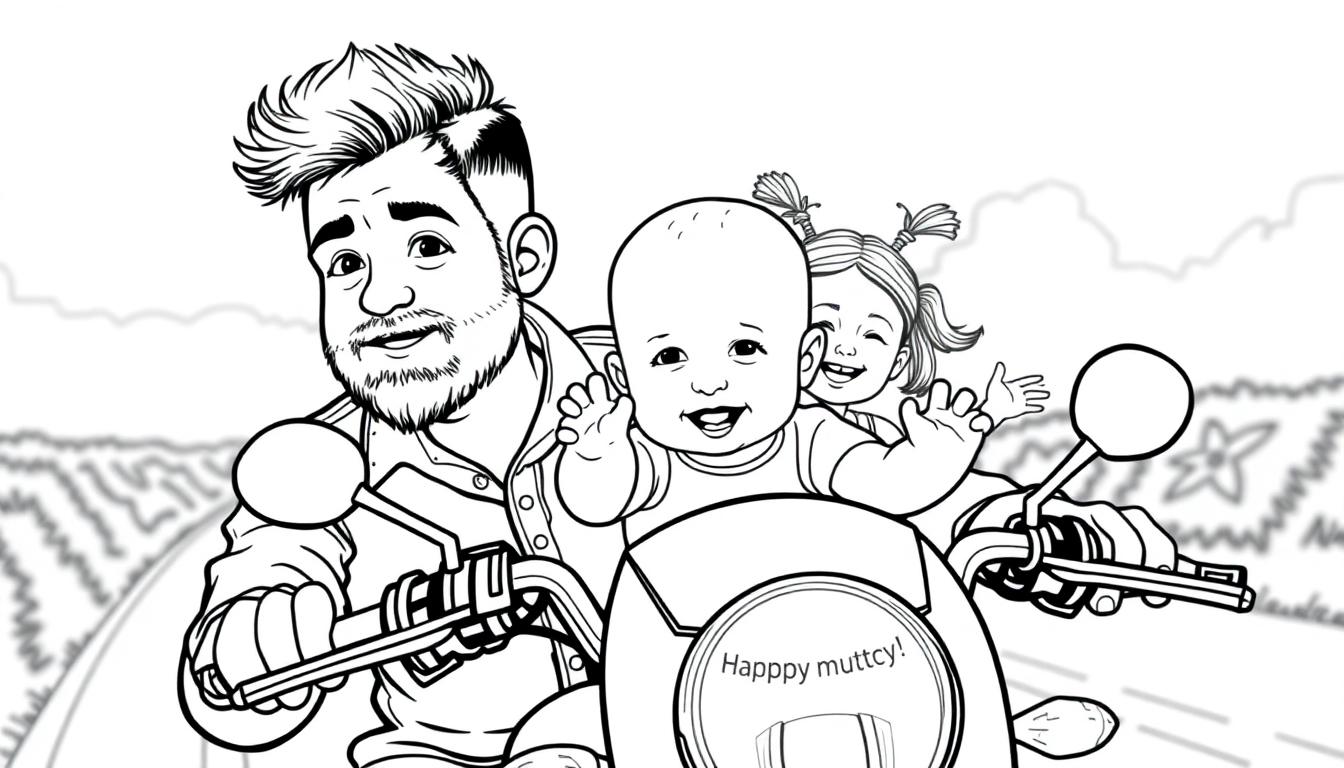 Kleurplaat: Vrolijke familie op motorfiets met 'Happy muttcy!' sticker