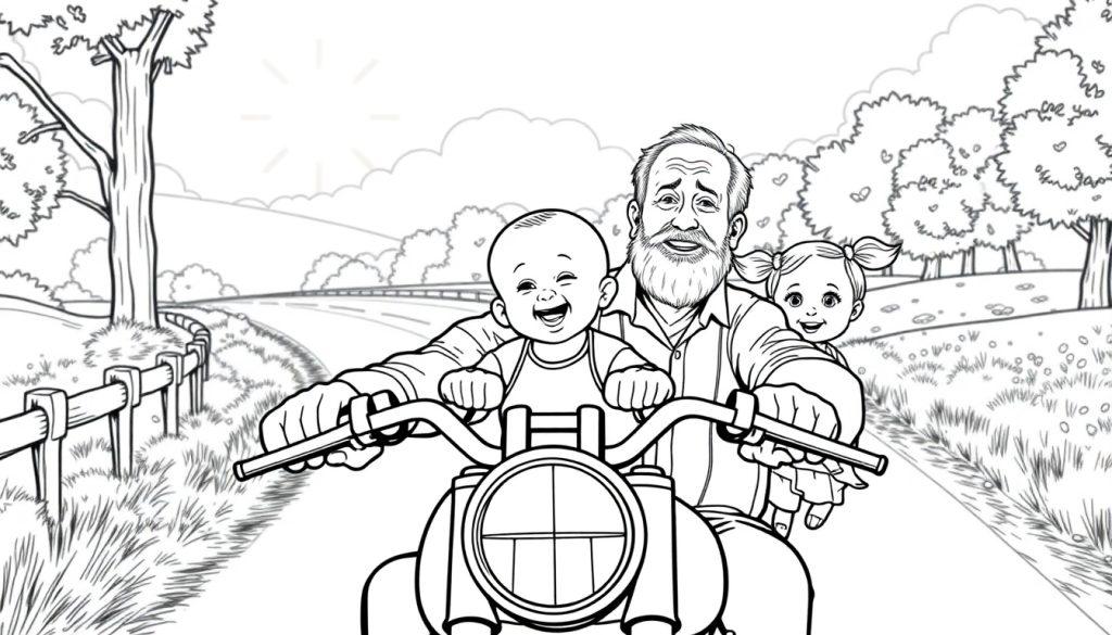 Kleurplaat: Opa, baby en meisje op een motor!