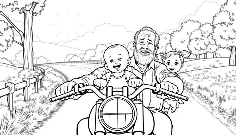 Kleurplaat: Opa, baby en meisje op een motor!
