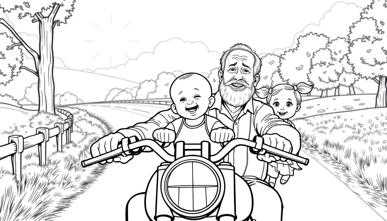 Kleurplaat: Opa, baby en meisje op een motor!