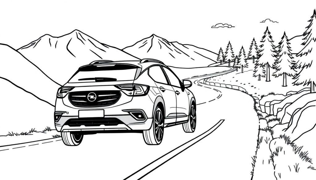 Opel Crossland X kleurplaat: een stoere auto op een avontuurlijke weg.