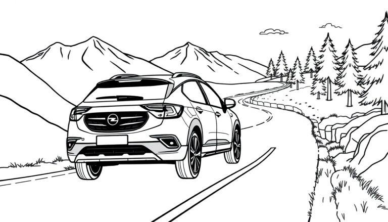 Opel Crossland X kleurplaat: een stoere auto op een avontuurlijke weg.
