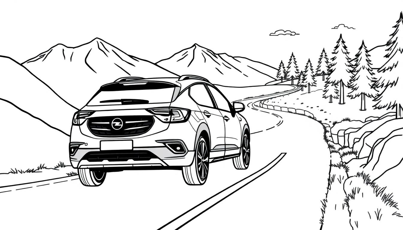 Opel Crossland X kleurplaat: een stoere auto op een avontuurlijke weg.