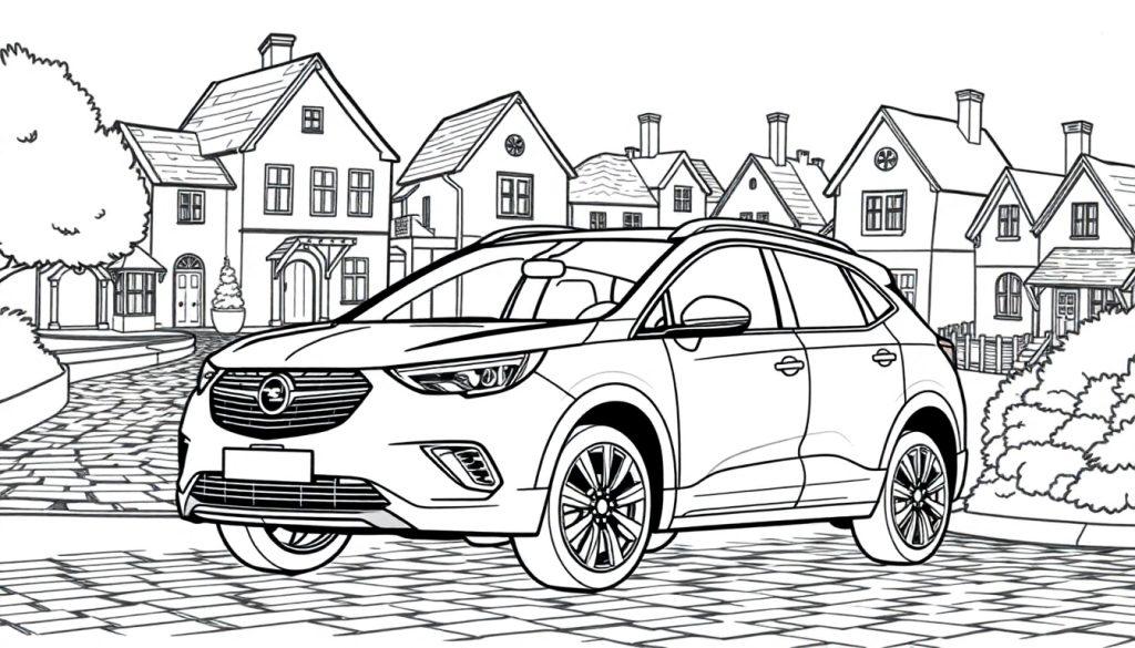 Kleurplaat van een Opel Crossland X voor een rij huizen.