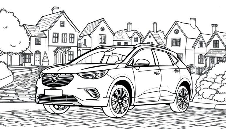 Kleurplaat van een Opel Crossland X voor een rij huizen.