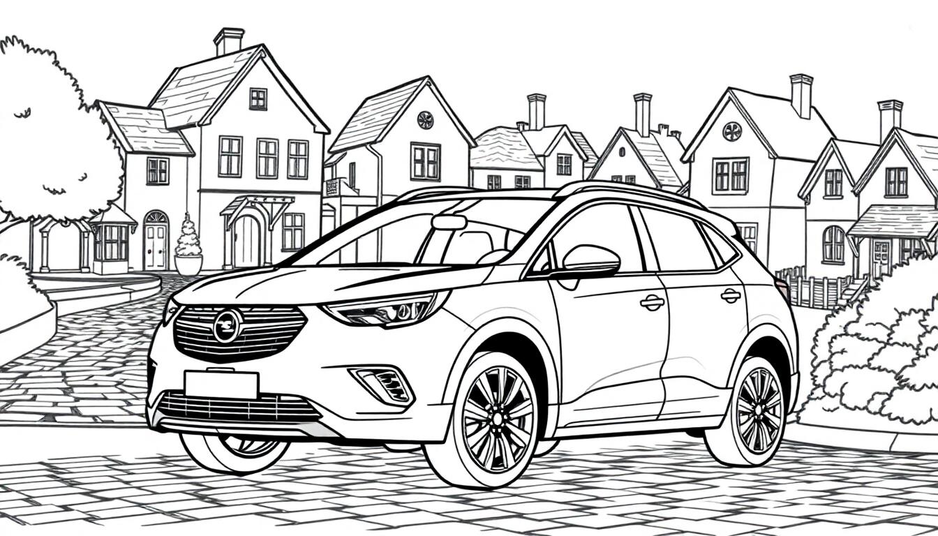 Kleurplaat van een Opel Crossland X voor een rij huizen.