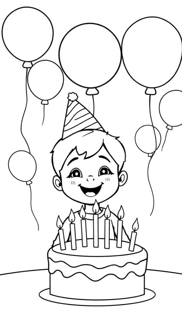 Kleurplaat van een jarige jongen met taart en ballonnen.