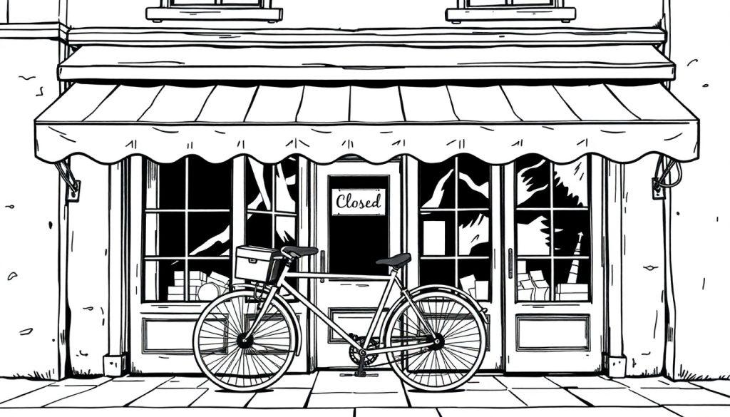 Kleurplaat van een gesloten winkel met een fiets ervoor.
