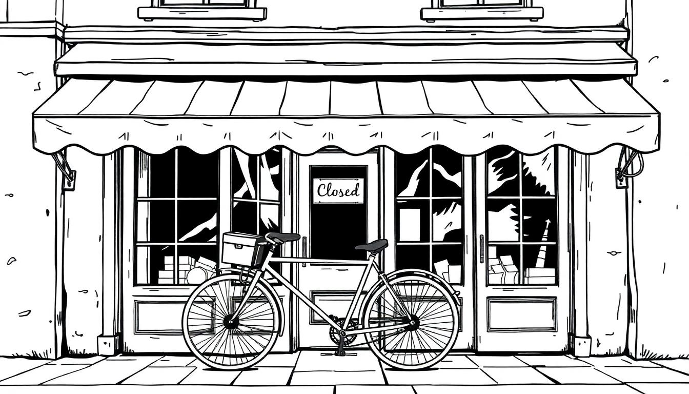 Kleurplaat van een gesloten winkel met een fiets ervoor.