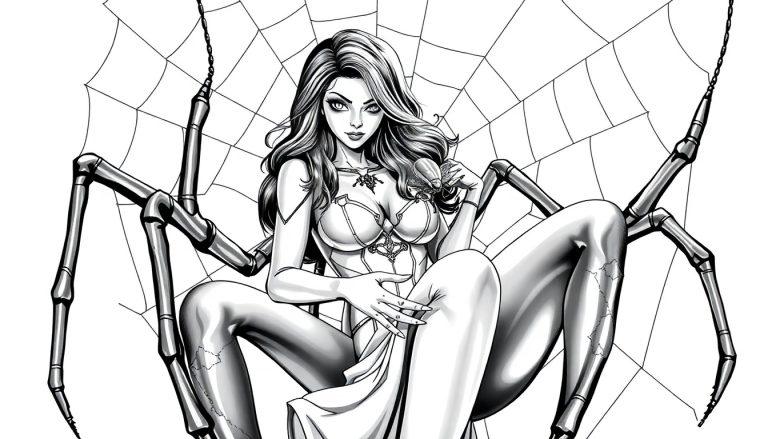 Kleurplaat van een spinvrouw met een insect in haar hand.