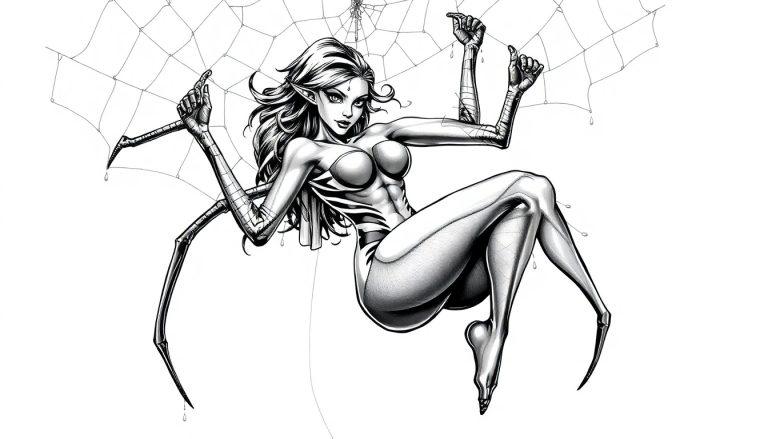 Spinnenmeisje in kleurplaatstijl