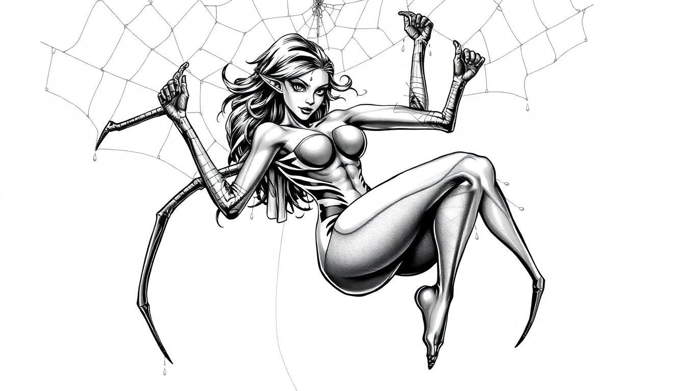 Spinnenmeisje in kleurplaatstijl