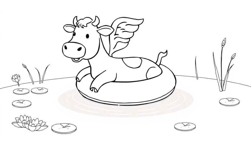 Kleurplaat van een vliegende koe in een zwemband