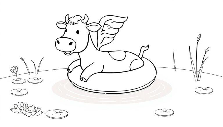 Kleurplaat van een vliegende koe in een zwemband
