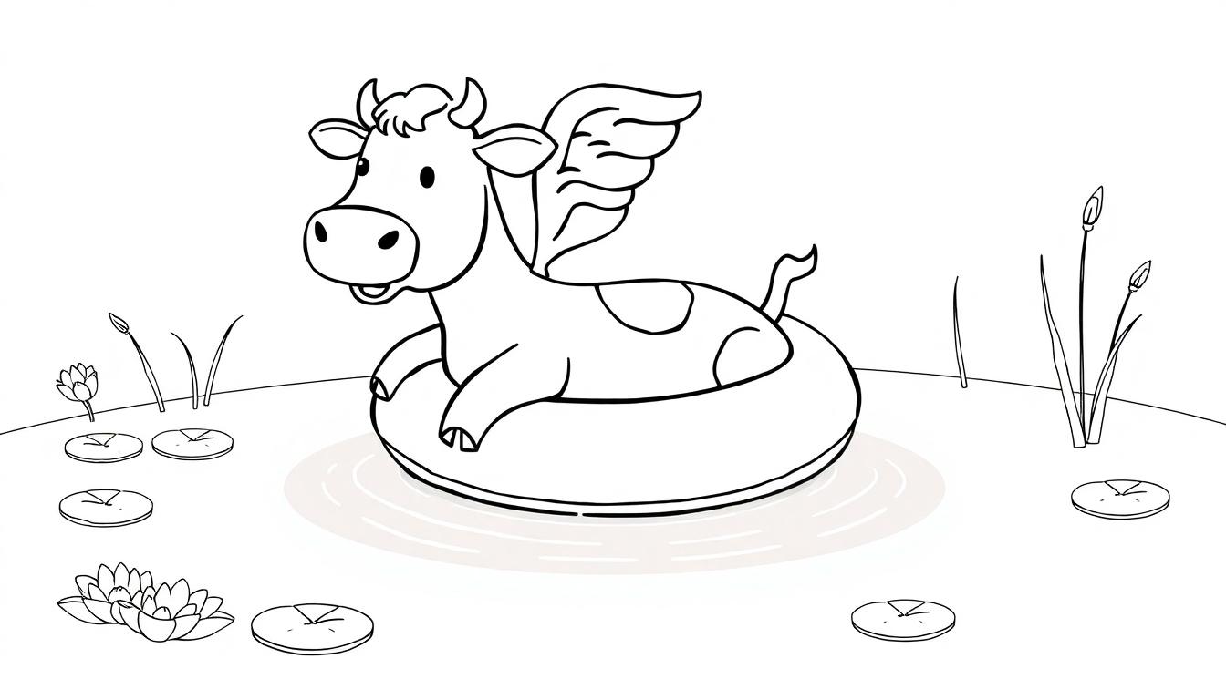 Kleurplaat van een vliegende koe in een zwemband