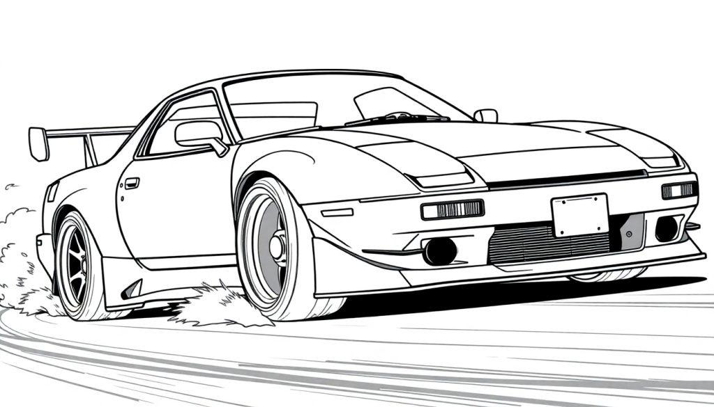 Kleurplaat van een stoere, driftende Mazda RX-7 FC3S!