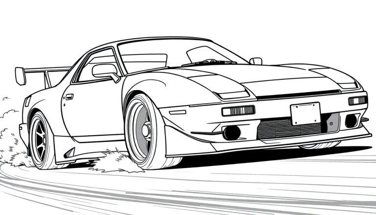 Kleurplaat van een stoere, driftende Mazda RX-7 FC3S!