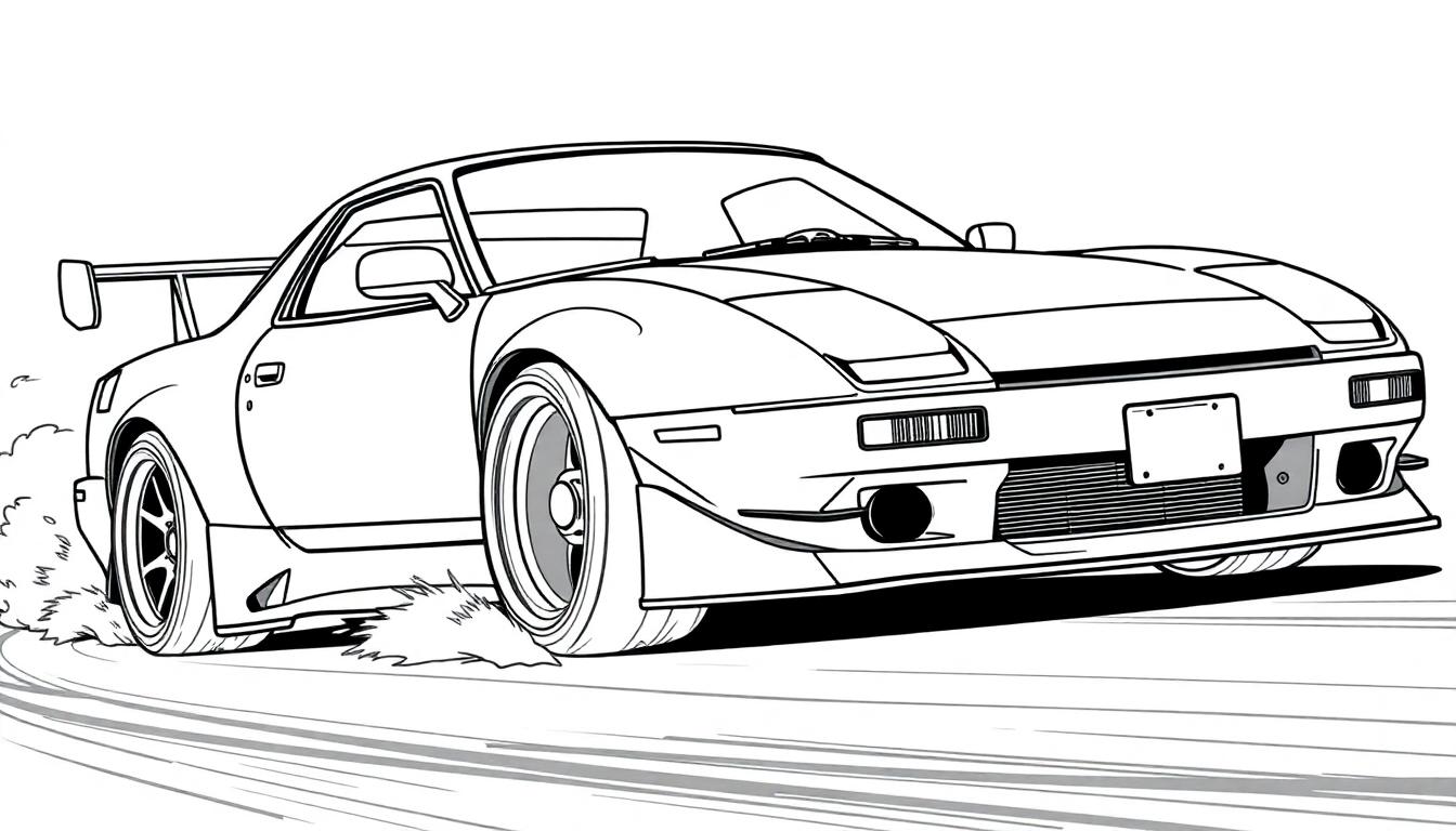 Kleurplaat van een stoere, driftende Mazda RX-7 FC3S!