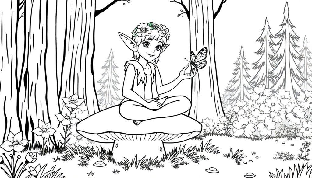Elfje op een paddenstoel kleurplaat in een magisch bos