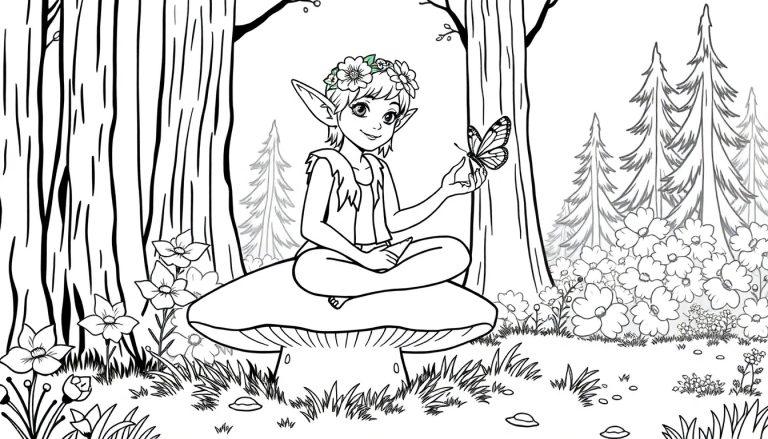 Elfje op een paddenstoel kleurplaat in een magisch bos