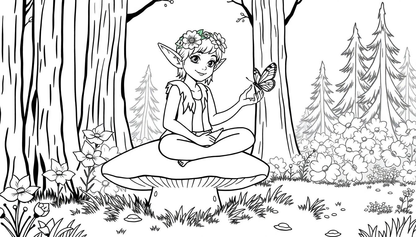Elfje op een paddenstoel kleurplaat in een magisch bos