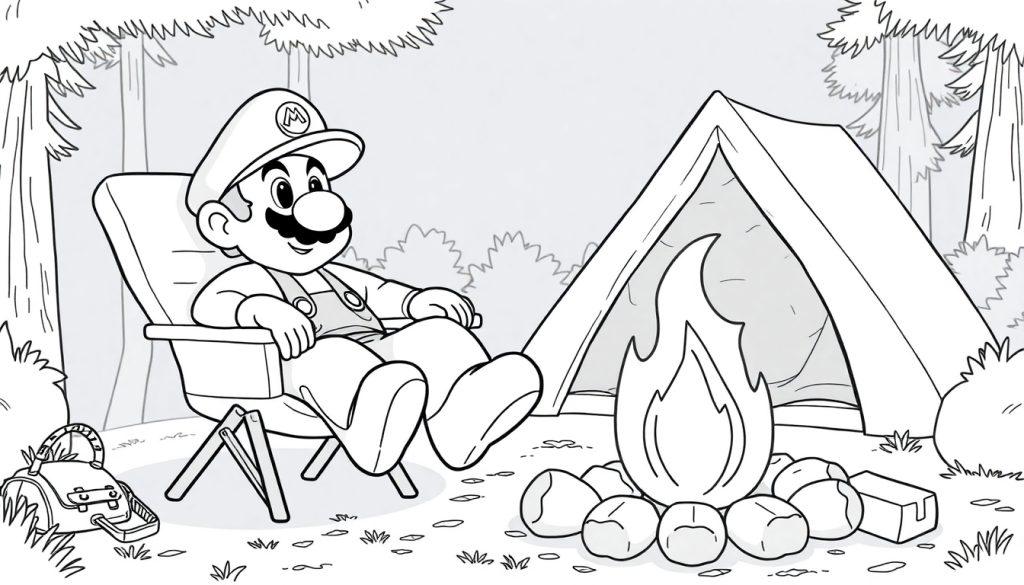Mario kleurplaat kampeert bij een kampvuur in het bos.