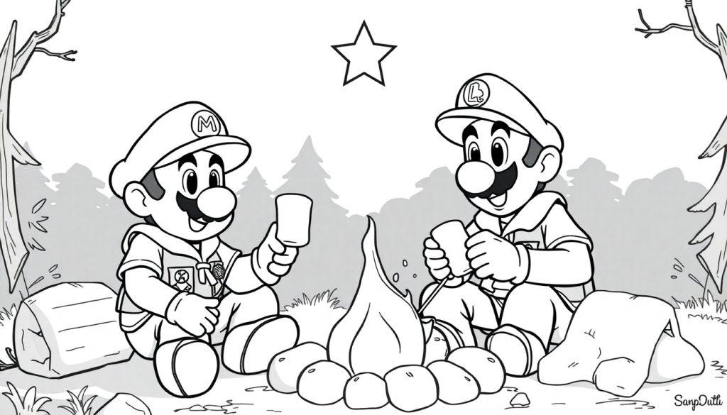 Mario en Luigi kleurplaat op de camping, een ster zweeft in de lucht.
